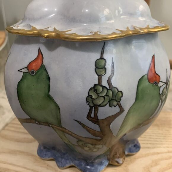 Vintage M.Z. Austria Hand Painted Bird Scene Covered Jar - Picture 8 of 17